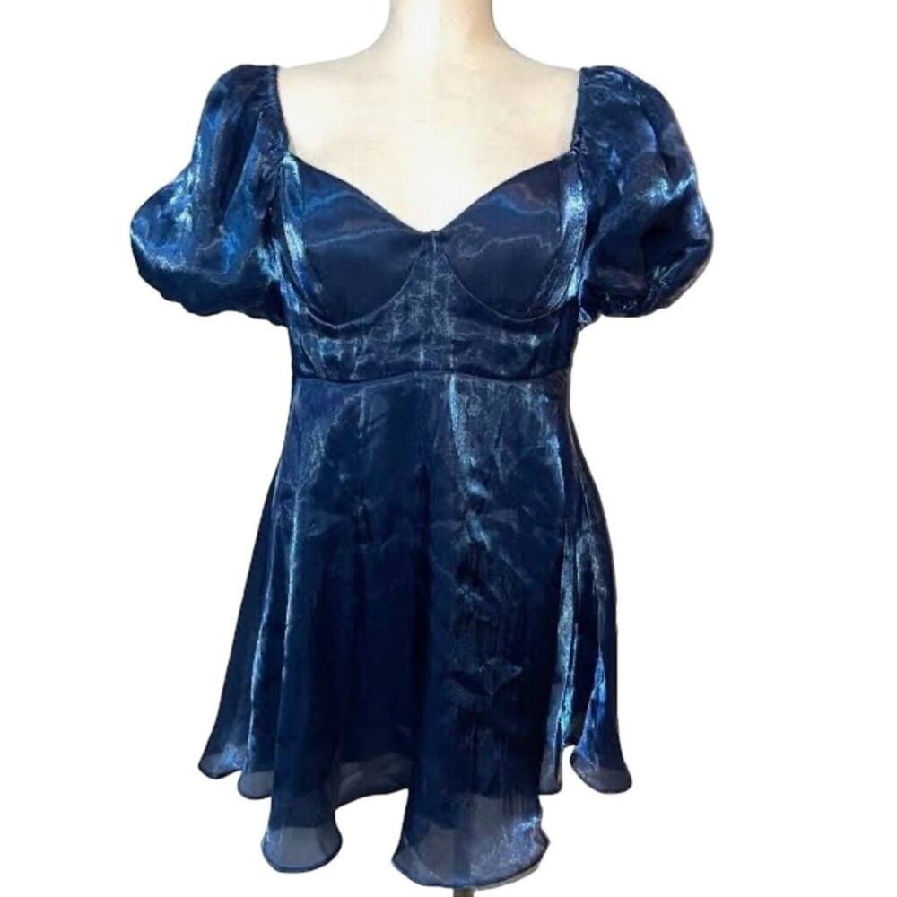 Fairy Babydoll Puff Sleeve‎ Organza Mini Dress Blue 13 Corset Iridescent 90s